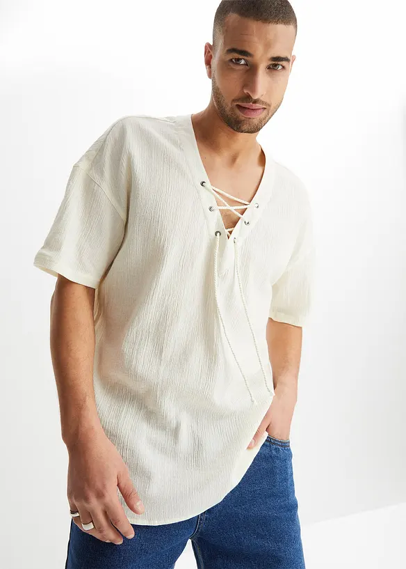 John Baner JEANSWEAR Schlupf-Kurzarmhemd mit Schnürung Sonderangebot der Fabrik