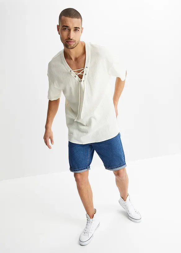 John Baner JEANSWEAR Schlupf-Kurzarmhemd mit Schnürung Sonderangebot der Fabrik