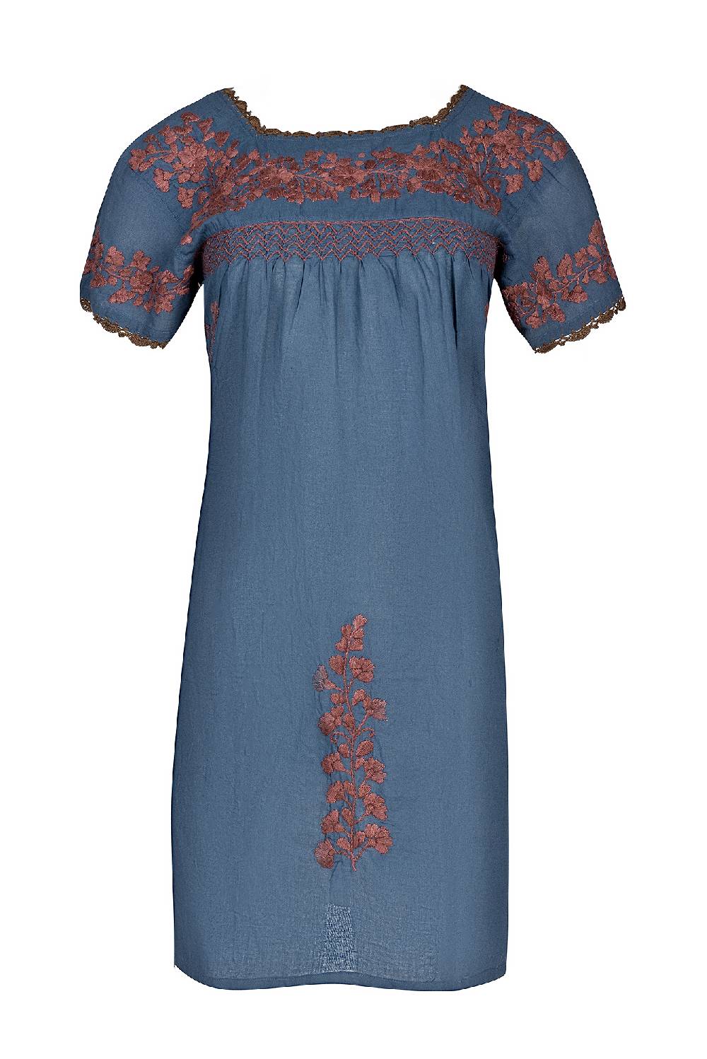 Louis & Louisa Tunika handbestickt, Damen, taubenblau / braun, kurzarm