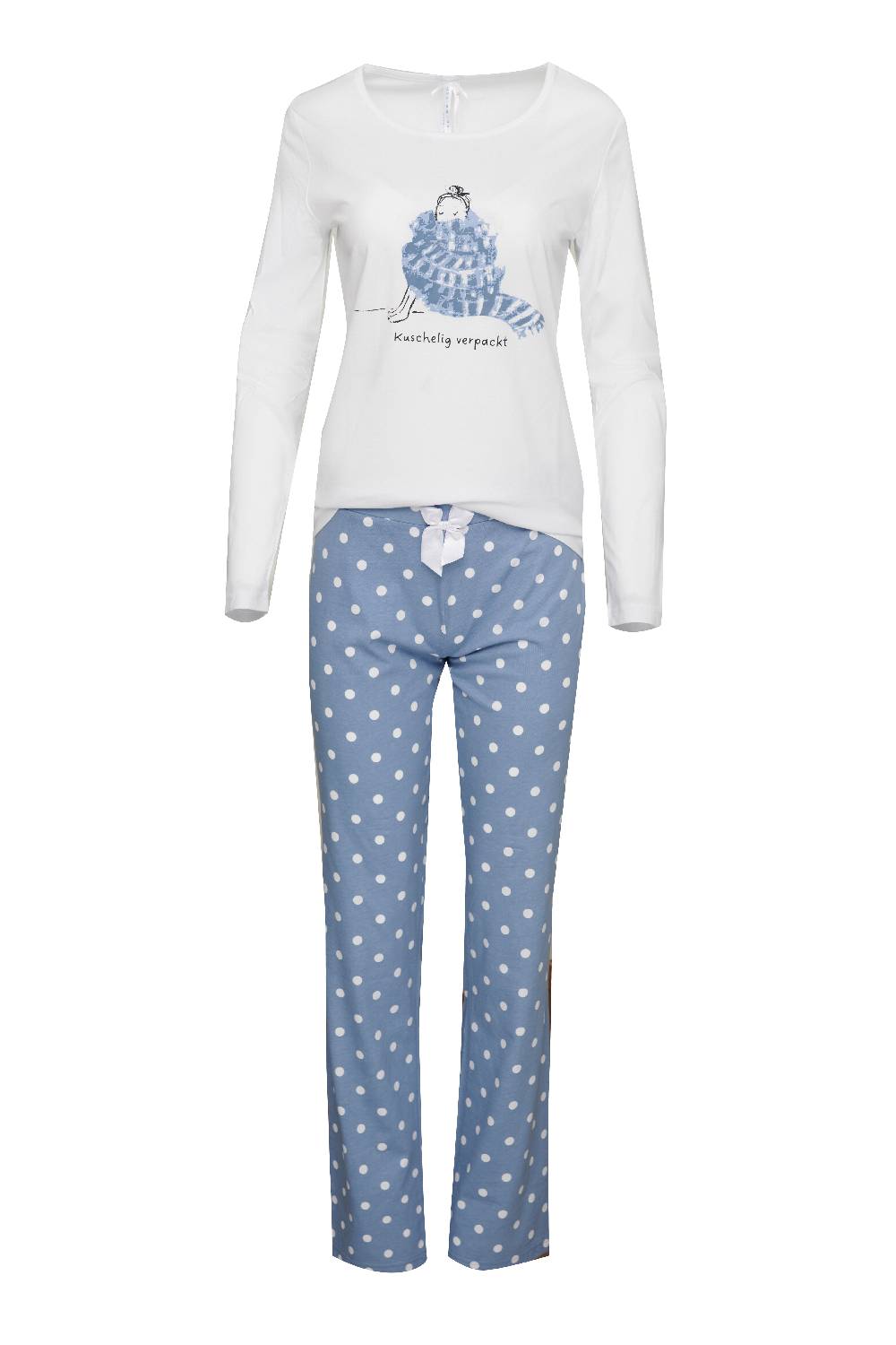 Louis & Louisa Pyjama Basic Damen "Mädchen mit Schal", weiß / blau allover