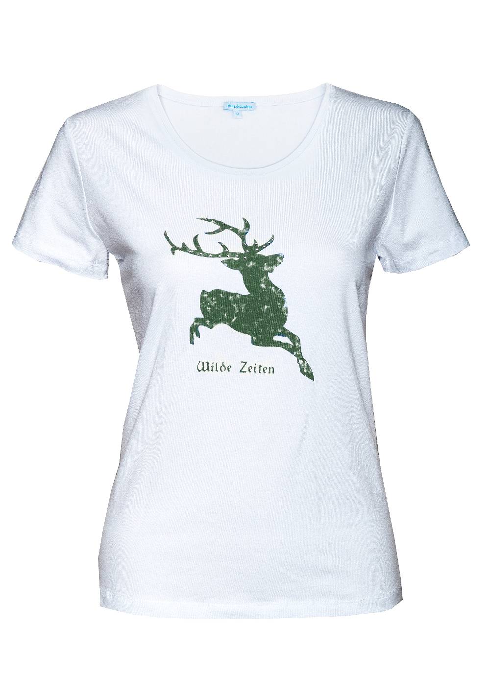 Louis & Louisa Hirsch Camouflage, Damenshirt weiß mit dunkelgrün, kurzarm