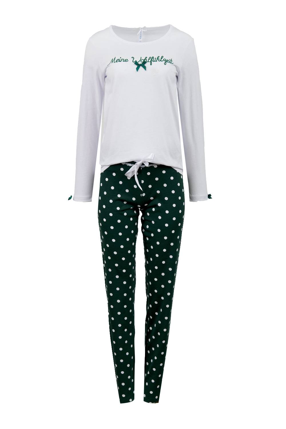 Louis & Louisa Pyjama Damen Basic "Meine Wohlfühlzeit", weiß/grün allover