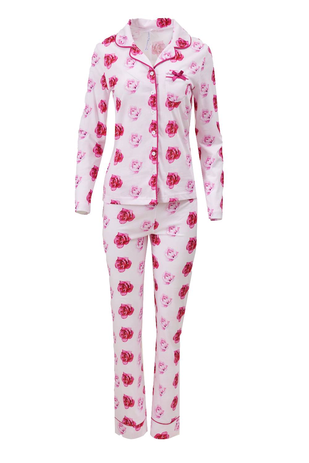 Louis & Louisa Pyjama Damen Knopfleiste "Rosarote Träume", weiß allover
