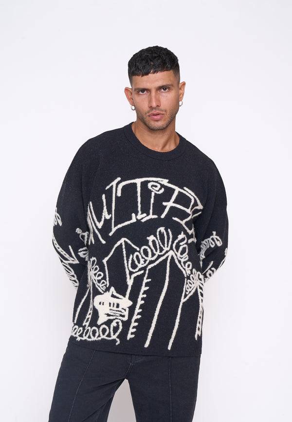 Multiply Spparel Oversize Knit Sweater DOWNTOWN Black Auslauf