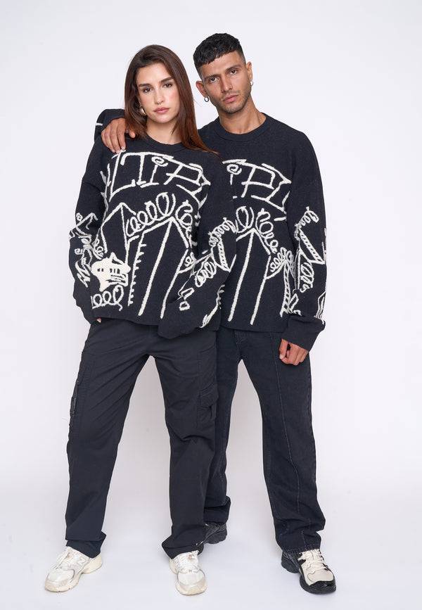 Multiply Spparel Oversize Knit Sweater DOWNTOWN Black Auslauf