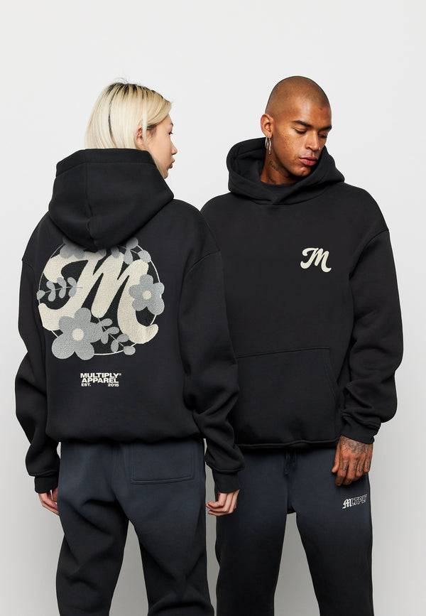 Multiply Spparel Oversize Hoodie M FLORAL 2 Black Soda Washed Blitzverkäufe