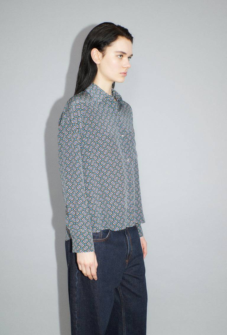 Odeeh Morphid Grid on Crepe de Chine Bluse, Lake Green Online