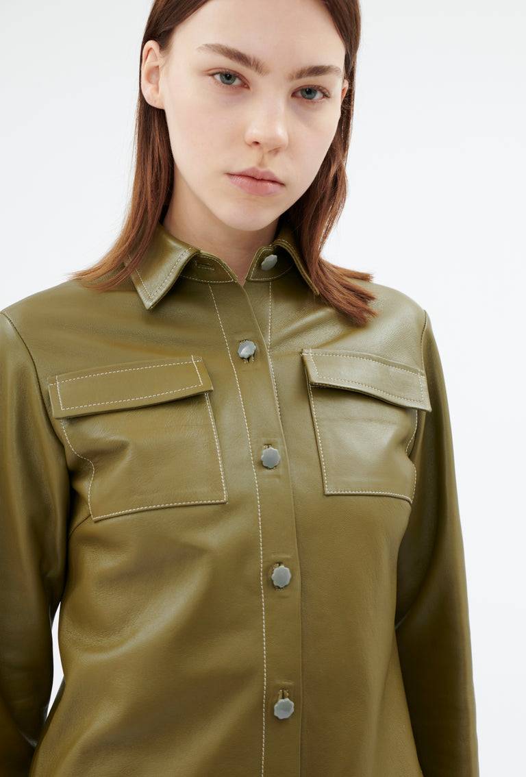 Odeeh Lamb Nappa Wet Look Bluse, Goldolive Blitzverkäufe