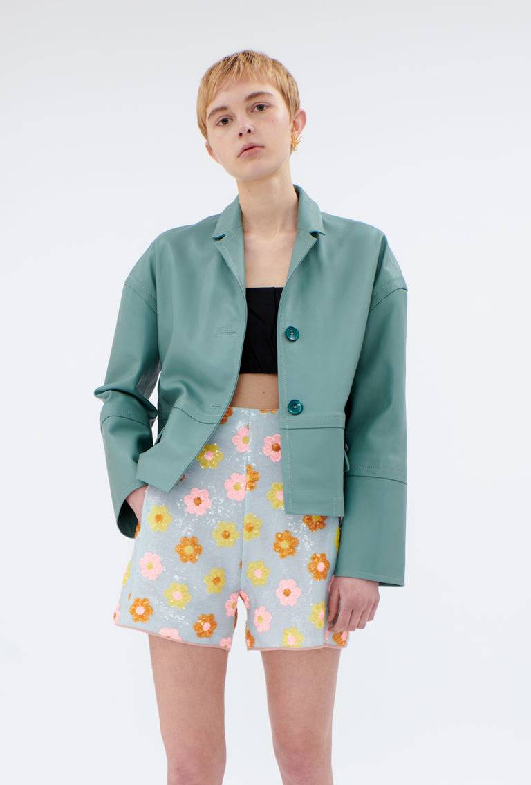 Odeeh Lamb Nappa Wet Look Jacke, Lake Green Verkauf