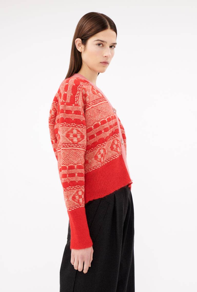 Odeeh Graphic Norwegian Cardigan, Geranium Verkauf