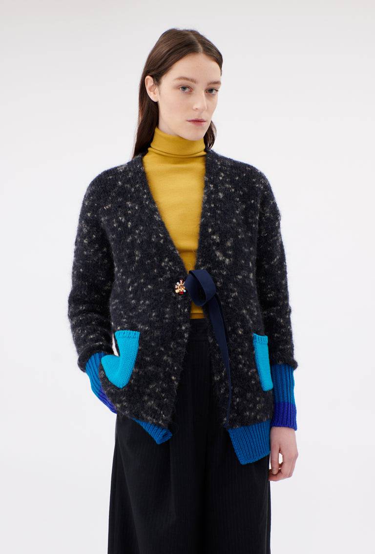 Odeeh Color Block Patch Cardigan, Granite Fabrikverkauf