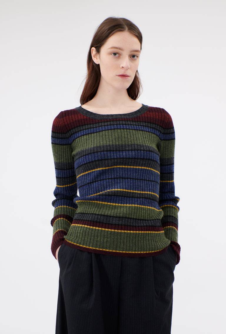 Odeeh Placed Stripe Wool Pullover, Army Green Auslauf