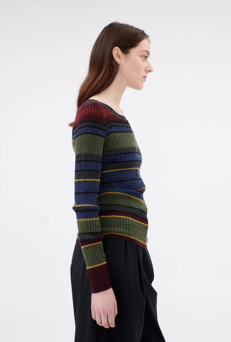 Odeeh Placed Stripe Wool Pullover, Army Green Auslauf