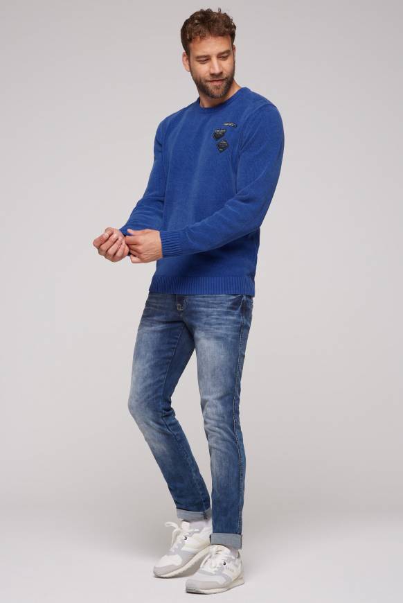 Soccx Chenille-Pullover Stone Washed mit Patches strong blue Verkauf