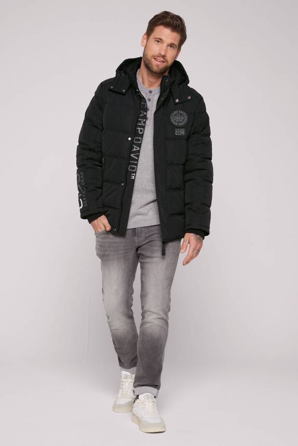 Soccx Lange Steppjacke mit Kapuze und Rücken-Artwork black Schlussverkauf