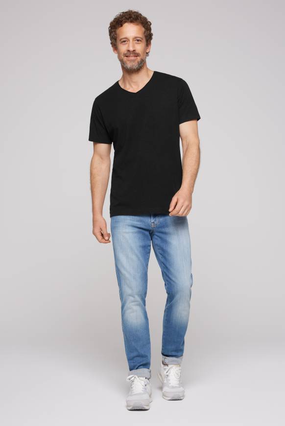 Soccx Basic T-Shirt V-Neck mit Used-Kante black Verkauf