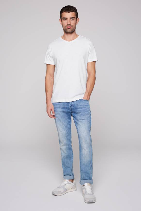 Soccx Basic T-Shirt V-Neck mit Used-Kante opticwhite Schlussverkauf